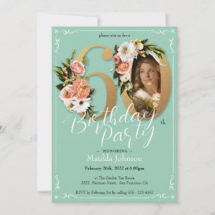 Convite Foto personalizada do Dourado Floral Boho 60º aniv