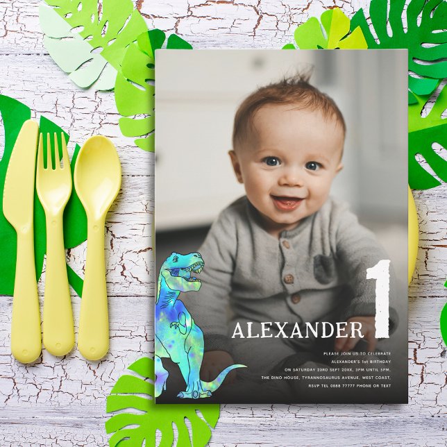 Convite Foto personalizada do Partido do primeiro aniversa (Colorful Dinosaur T-Rex 1st birthday party custom photo watercolor Dino)