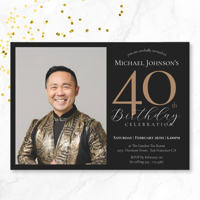 Convite Foto personalizada elegante aniversário de 40 anos (Elegant Custom Photo Black Gold 40th Birthday Invitation)