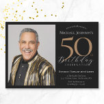 Convite Foto personalizada elegante Black 50th Birthday<br><div class="desc">Foto personalizada elegante, Dourado 50º Convite de Aniversário. Celebre um aniversário marcante com nosso convite para o Elegante Simples Preto e Dourado, perfeito para adicionar um toque de sofisticação ao seu dia especial. Este design personalizável apresenta um fundo preto elegante adormecido com sotaques dourados elegantes, criando um eterno e um...</div>