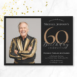 Convite Foto personalizada elegante Black 60th Birthday<br><div class="desc">Foto Personalizada Elegante Dourada 60º Convite de Aniversário. Celebre um aniversário marcante com nosso convite para o Elegante Simples Preto e Dourado, perfeito para adicionar um toque de sofisticação ao seu dia especial. Este design personalizável apresenta um fundo preto elegante adormecido com sotaques dourados elegantes, criando um eterno e um...</div>
