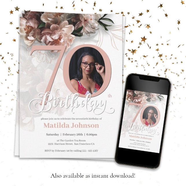 Convite Foto Personalizada Elegante de Aniversário, 70 Ros (Floral Pink 70th Birthday Elegant Custom Photo Invitation)