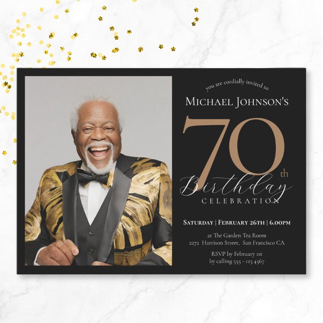 Convite Foto personalizada elegante, dia de aniversário do (Elegant Custom Photo Black Gold 70th Birthday Invitation)