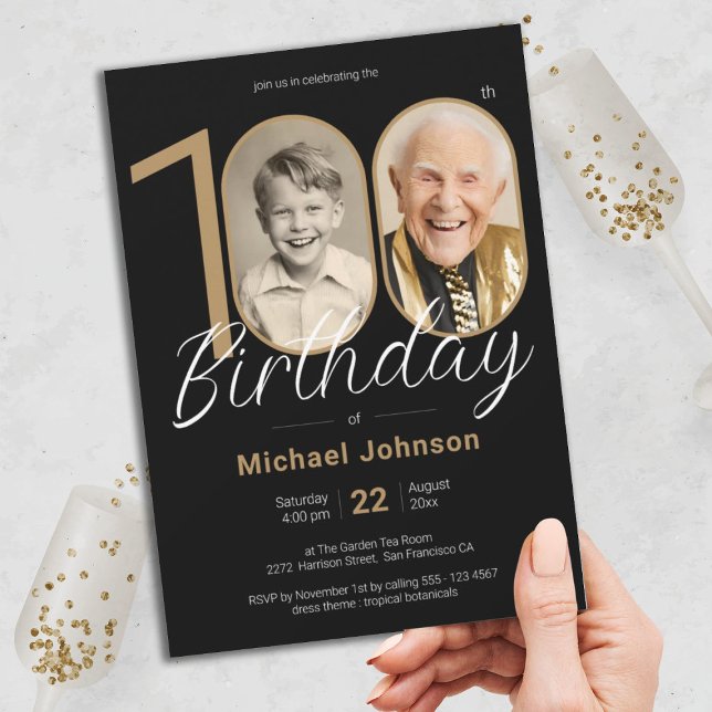 Convite Foto personalizada elegante Dourada negra 100º ani (100th Birthday Gold Black Elegant Custom Photo Invitation)