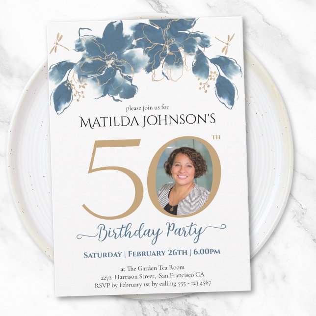 Convite Foto Personalizada Floral Azul Dourada 50º Anivers (Gold Blue Floral Custom Photo 50th Birthday Invitation)