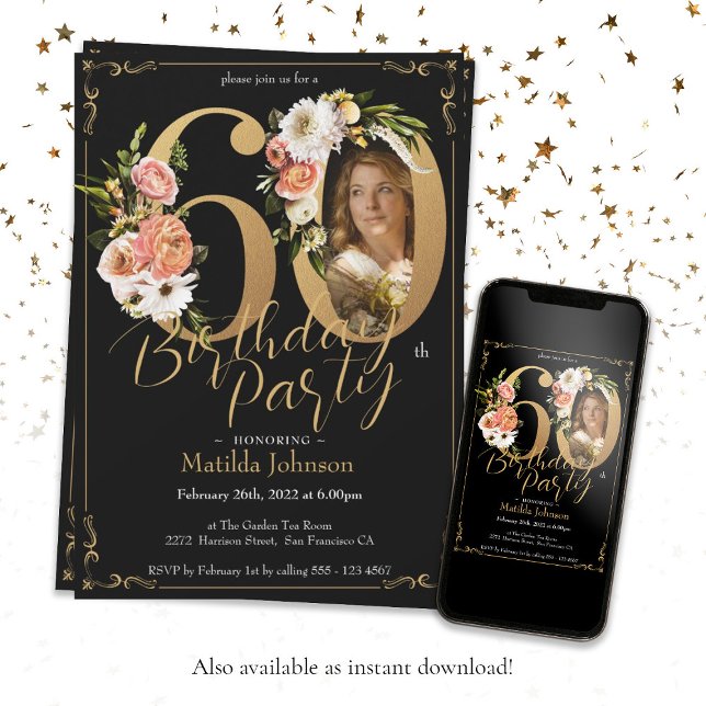 Convite Foto personalizada Floral Boho Dourada 60º anivers (Black Gold 60th Birthday Floral Boho Custom Photo Invitation)