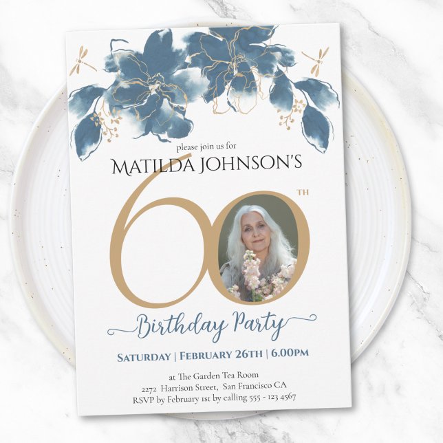Convite Foto Personalizada Floral Dourada Azul 60º Anivers (Blue Gold Floral Custom Photo 60th Birthday Invitation)