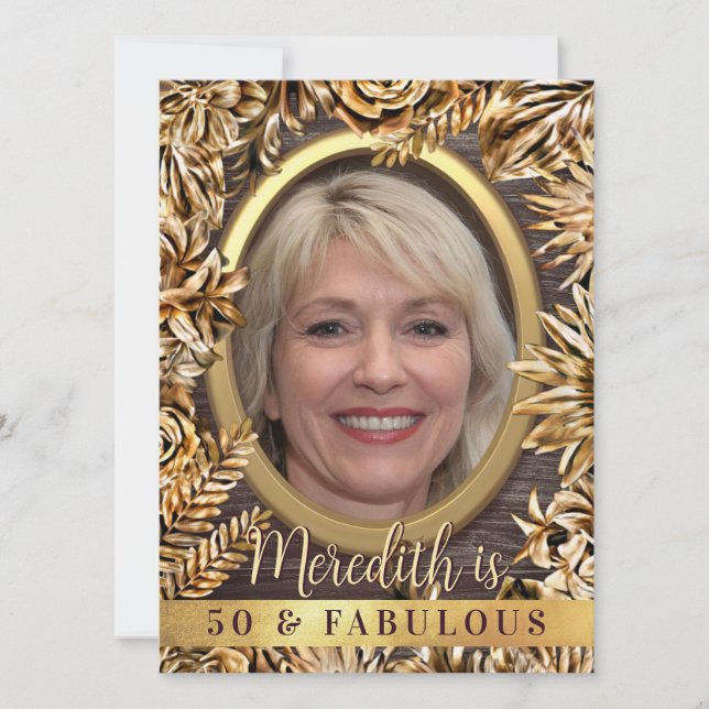 Convite Foto Personalizada Floral Dourada Do Luxo 50 E Fab (Frente)