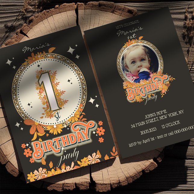 Convite Foto personalizada Groovy floral one (Criador carregado)