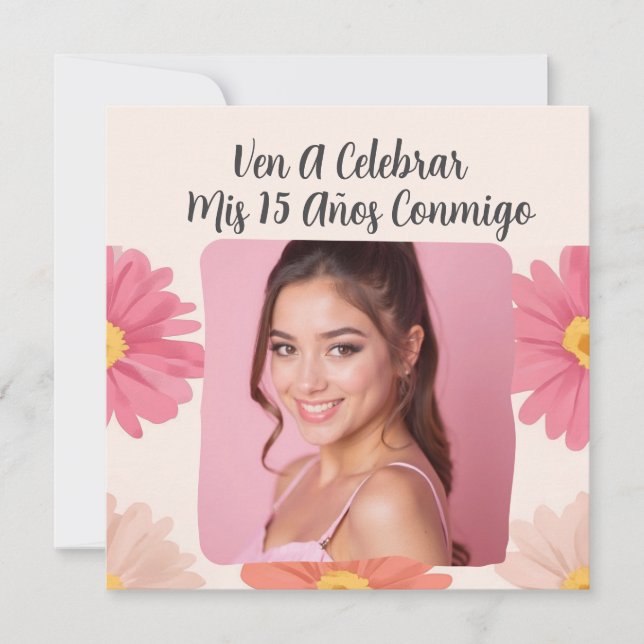 Convite Foto Personalizada Mis Quince Flores Quinceañera R (Frente)