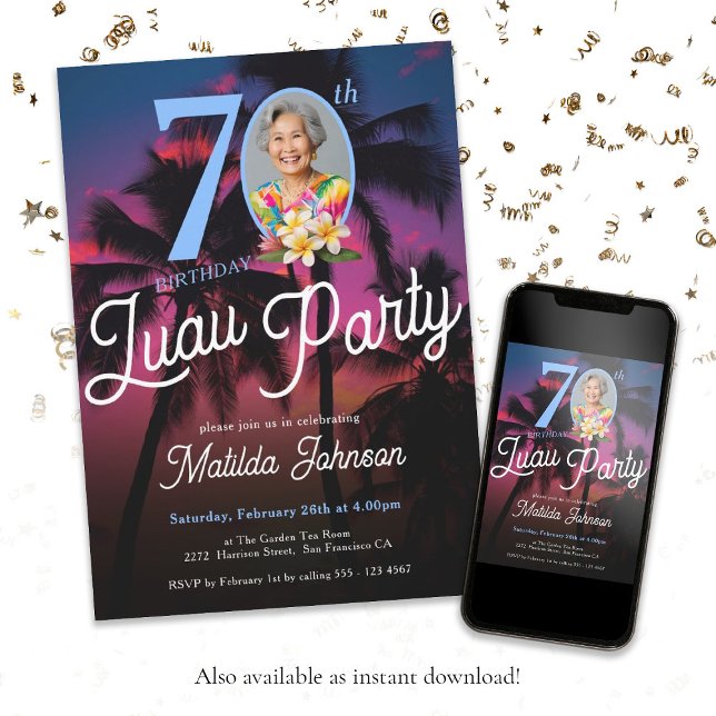 Convite Foto personalizada moderna do 70 do partido Luau A (70th Birthday Luau Party Modern Fun Custom Photo Invitation)