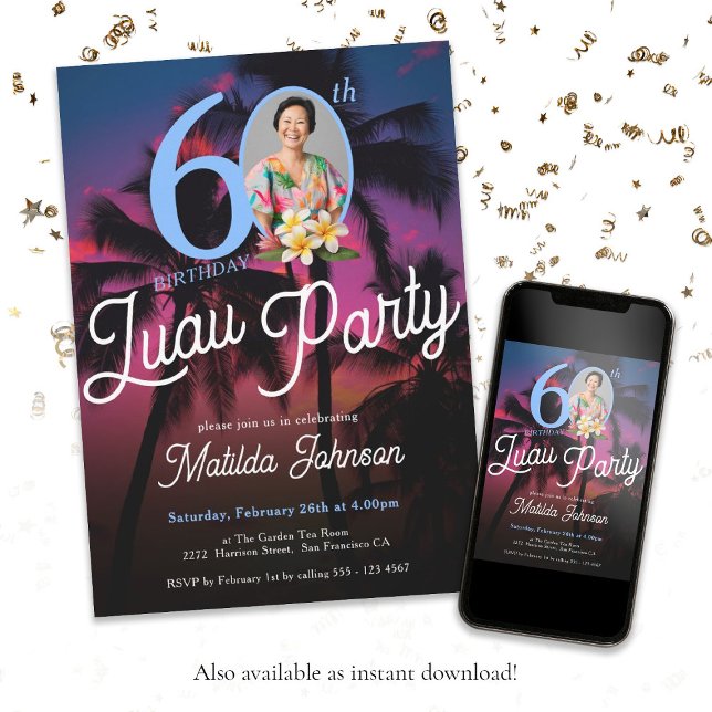 Convite Foto personalizada moderna do partido Luau 60º ani (60th Birthday Luau Party Modern Fun Custom Photo Invitation)