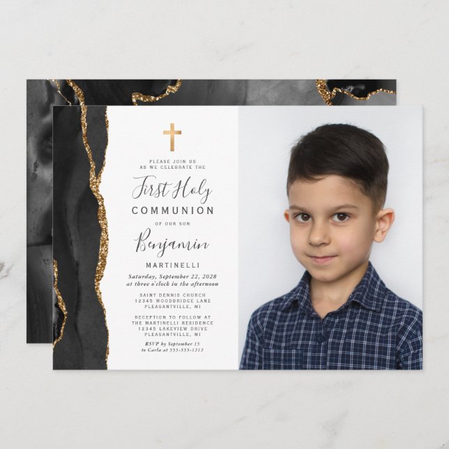 Convite Foto personalizada: Preto Agate Primeira Comunhão  (Frente/Verso)