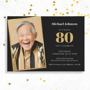 Convite Foto personalizada, preto e 80 Dourado Aniversário