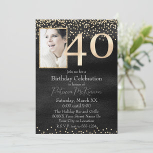 Convite Foto Personalizada Preto e Dourado 40º Aniversário