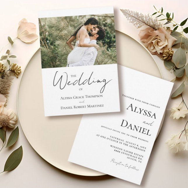 Convite Foto personalizada simples Casamento preto e branc (Modern Bride Groom Photo wedding Invitation. )