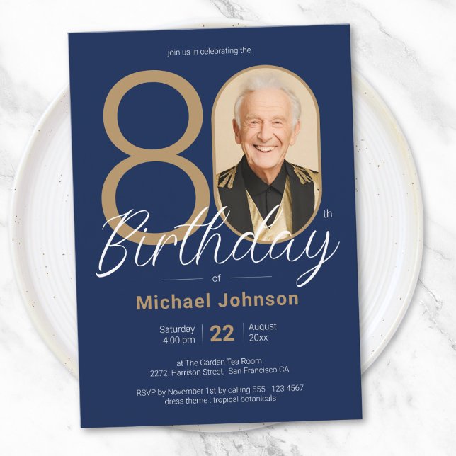 Convite Foto personalizada simples, Marinho Dourado, 80 az (Simple Custom Photo Gold Navy Blue 80th Birthday Invitation)