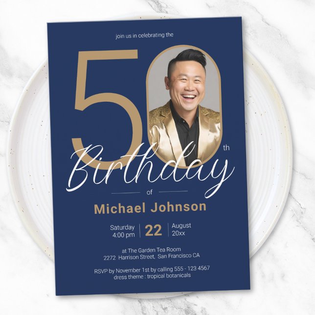 Convite Foto personalizada simples Marinho Dourado Azul 50 (Simple Custom Photo Gold Navy Blue 50th Birthday Invitation)