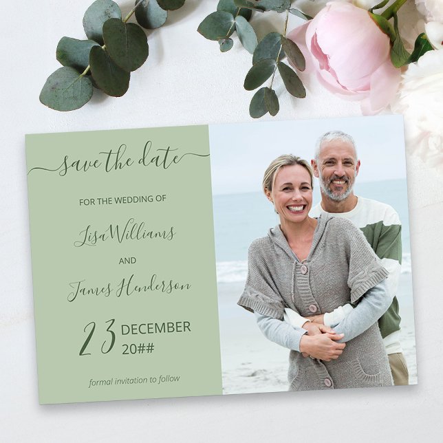 Convite Foto personalizada verde de duas faixas, salvar a  (Green Wedding Save the Date with Photo)