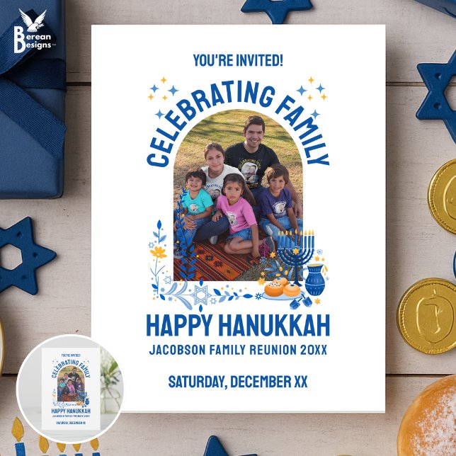 Convite Foto personalizável de REUNIÃO DA FAMÍLIA HANUKKAH (Invitation for Jewish family reunion to celebrate Hanukkah together Matching shirts, gifts, supplies)