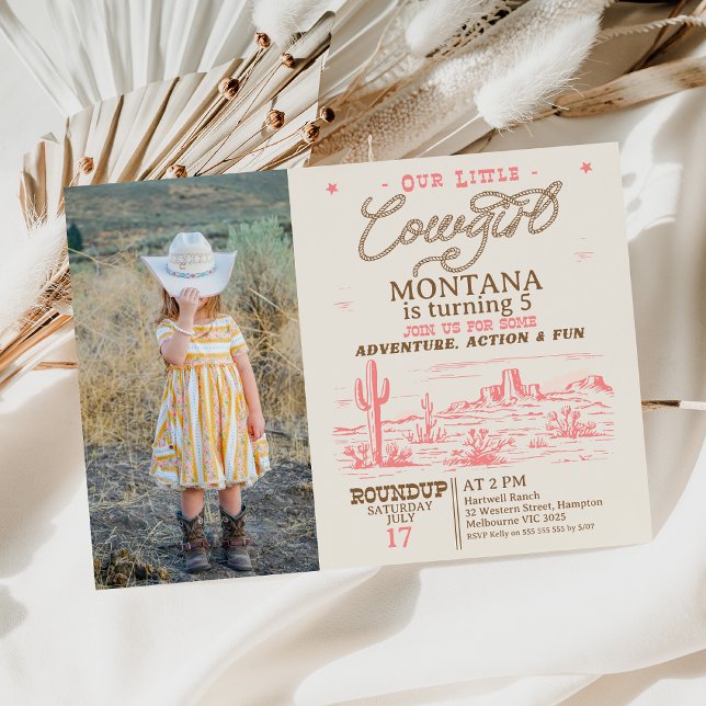 Convite Foto: Pink Brown Western Desert Cowgirl Aniversári (Cowgirl Birthday Invitation Girl, Rustic Western Desert, Pink Cowgirl Birthday Invite, Any Age, )