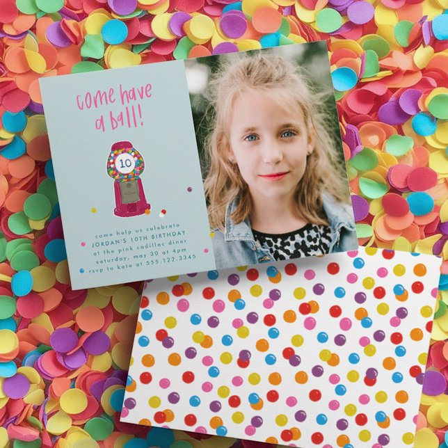 Convite Foto: Pink Gumball Machine Candy Bubble Party (Photo Pink Gumball Machine Candy Bubble Gum Party Invitation)