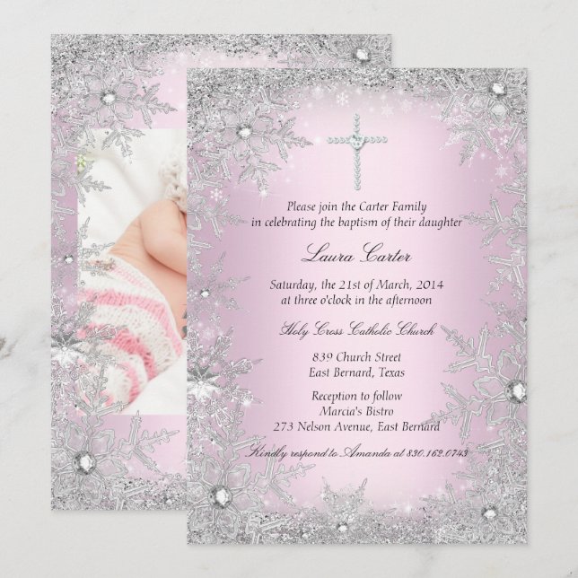 Convite Foto: Pink Silver Snowflake Baptism/Christening (Frente/Verso)