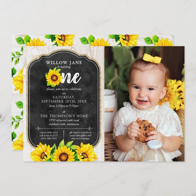 Convite Foto por País de Girassol e Madeira Rústica do pri (Frente/Verso)