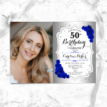 Convite Foto Prata Branca Azul Real 50º Aniversário<br><div class="desc">Elegante convite floral feminino para o 50º aniversário com sua foto. Glam design com falso prata. Apresenta rosas azuis reais, fonte de script e confetti. Perfeito para uma festa de comemoração de na moda adulto. Personalize com seus próprios detalhes. Pode ser personalizado para qualquer idade! Impressos convites Zazzle ou modelo...</div>