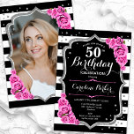 Convite Foto prata preta rosa 50º aniversário<br><div class="desc">Elegante convite floral feminino de 50 anos com sua foto no final do cartão. Design cor-de-rosa preto-claro com prata brilhante. Apresenta faixas pretas e brancas, rosas cor-de-rosa, fontes de script e confetti. Perfeito para uma festa de comemoração de na moda adulto. Personalize com seus próprios detalhes. Pode ser personalizado para...</div>