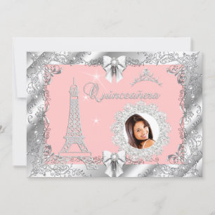 Convite Foto Prata Princesa Rosa Pêssego Quinceanera 2