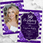 Convite Foto Prateada Prateada Floral 50º Aniversário<br><div class="desc">Elegante convite floral feminino de 50 anos com sua foto no final do cartão. Design branco roxo de vidro com prata brilhante. Apresenta faixas, rosas roxos, fontes de script e confetti. Perfeito para uma festa de comemoração de na moda adulto. Personalize com seus próprios detalhes. Pode ser personalizado para qualquer...</div>