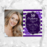 Convite Foto Prateada Prateada Floral 50º Aniversário<br><div class="desc">Elegante convite floral feminino para o 50º aniversário com sua foto. Design prateado roxo de vidro com prata falsa com prata brilhante. Apresenta faixas, rosas de lavanda, fonte de script e confetti. Perfeito para uma festa de comemoração de na moda adulto. Personalize com seus próprios detalhes. Pode ser personalizado para...</div>