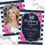 Convite Foto prateada rosa azul marinho 50º aniversário<br><div class="desc">Elegante convite floral feminino de 50 anos com sua foto no final do cartão. Design branco-cor-de-rosa com marinho brilhante com prata fluorescente. Apresenta faixas marinho azul e branca, rosas cor-de-rosa-bebê, fonte de script e confetti. Perfeito para uma festa de comemoração de na moda adulto. Personalize com seus próprios detalhes. Pode...</div>