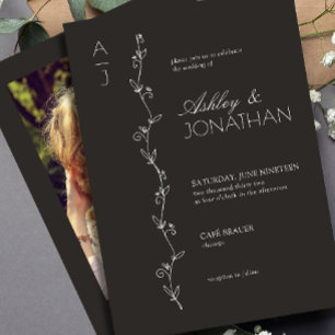 Convite Foto Preta de Casamento de Divisor Botânico Modern