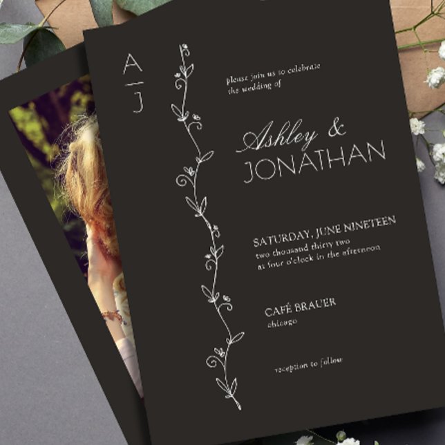 Convite Foto Preta de Casamento de Divisor Botânico Modern (Criador carregado)