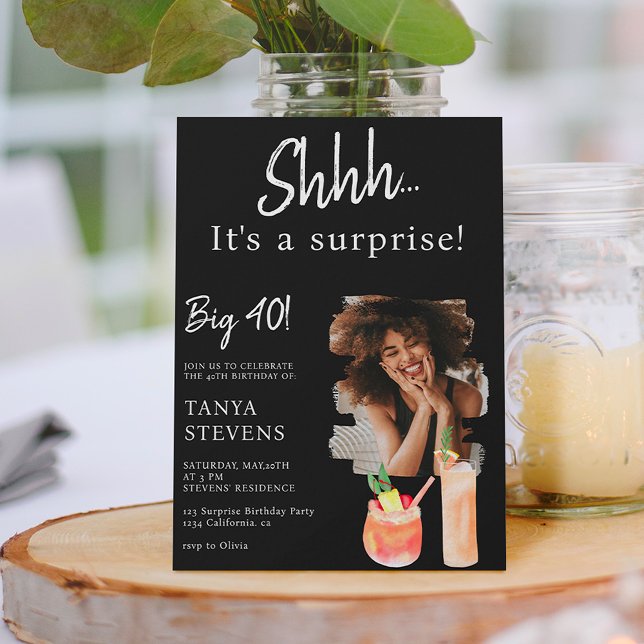 Convite Foto preta dos coquetéis surpresa quarenta anos (Criador carregado)