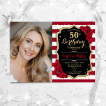 Convite Foto Preta Dourada do Rosa vermelha 50º Aniversári<br><div class="desc">Elegante convite floral feminino para o 50º aniversário com sua foto. Design branco preto-claro com ouro brilhante. Recursos stripes, rosa vermelha, fonte de script e confetti. Perfeito para uma festa de comemoração de na moda adulto. Personalize com seus próprios detalhes. Pode ser personalizado para qualquer idade! Impressos convites Zazzle ou...</div>