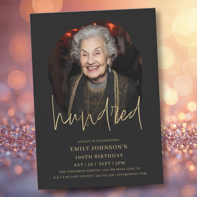 Convite Foto preta e Dourada Script 100º aniversário (Photo Black and Gold Script 100th Birthday Invitation)