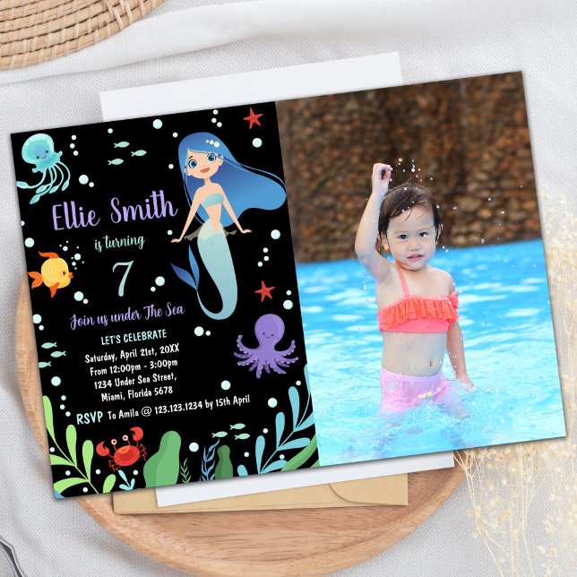 Convite Foto preta sob o mar Sereia Aniversário (Photo Black Under the sea Mermaid Birthday Invitation)