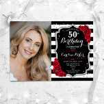 Convite Foto: Preto Branco Stripes Vermelho Prata 50º Aniv<br><div class="desc">Elegante convite floral feminino para o 50º aniversário com sua foto. Design branco preto-claro-claro com prata brilhante. Apresenta faixas pretas e brancas, rosas vermelhas, fontes de script e confetti. Perfeito para uma festa de comemoração de na moda adulto. Personalize com seus próprios detalhes. Pode ser personalizado para qualquer idade! Impressos...</div>