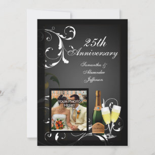 Convite Foto Preto e Branco Champanhe Prata Aniversário