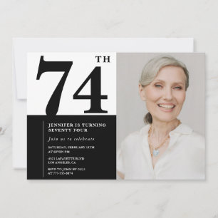 Convite Foto Preto e Branco Chic Aniversário de 74 anos
