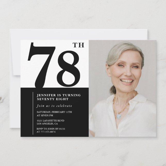 Convite Foto Preto e Branco Chic Aniversário de 78 anos (Frente)
