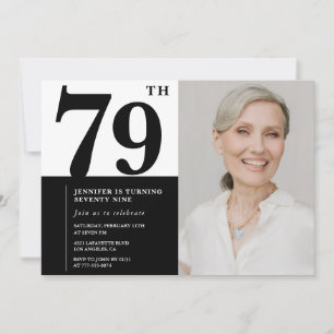 Convite Foto Preto e Branco Chic Aniversário de 79 Anos