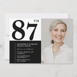 Convite Foto Preto e Branco Chic Aniversário de 87 Anos