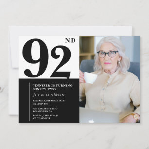 Convite Foto Preto e Branco Chic Aniversário de 92 Anos