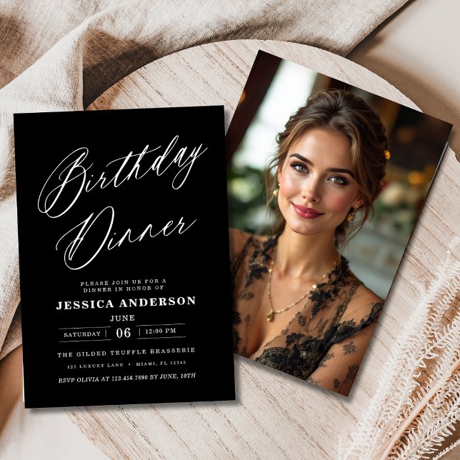 Convite Foto Preto e Branco Jantar de Aniversário Moderno (Criador carregado)