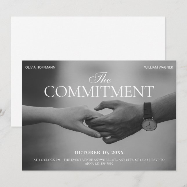 Convite Foto preto e branco segurando a mão compromisso (Frente/Verso)