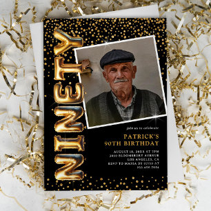 Convite Foto Preto e Dourado Aniversário de 90 anos